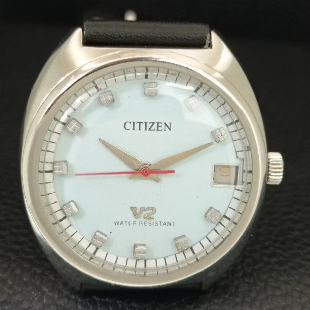 Vintage 1981 Citizen Manual Wound Mens Silver Watch W/Date & Red accents